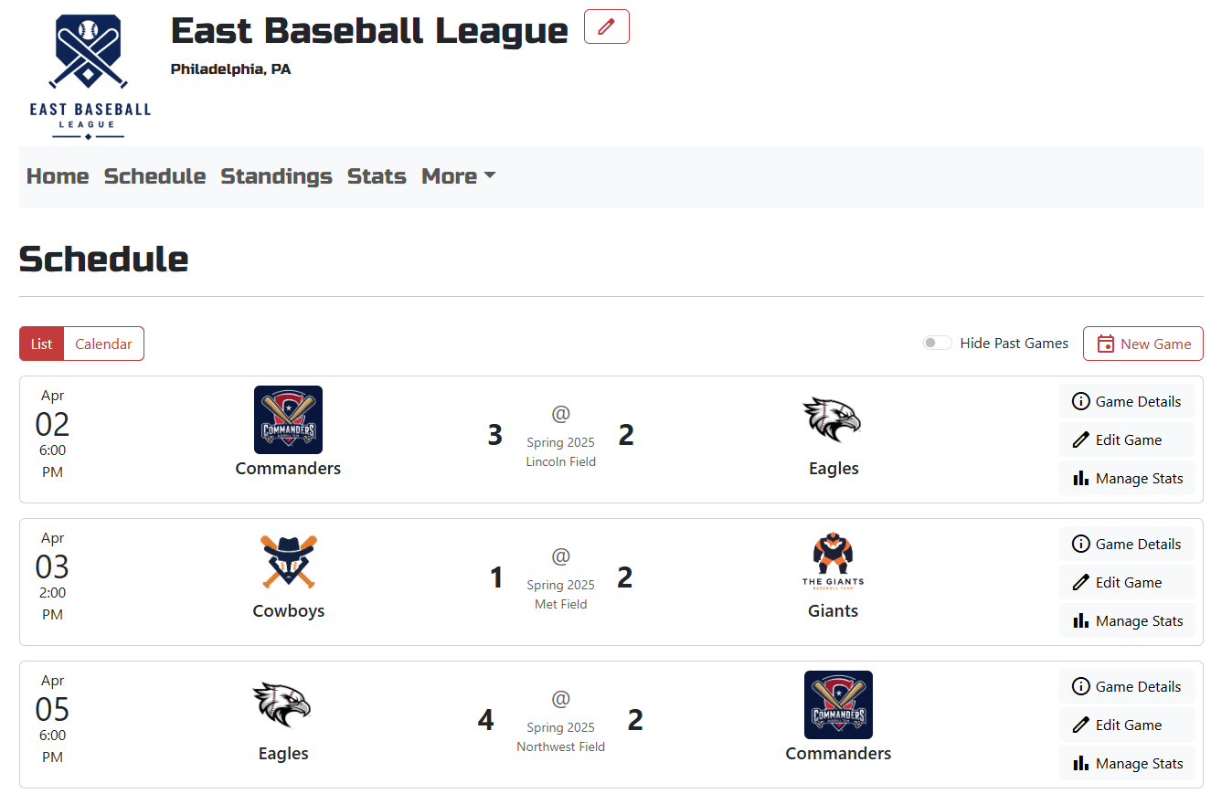 League Schedule Management View